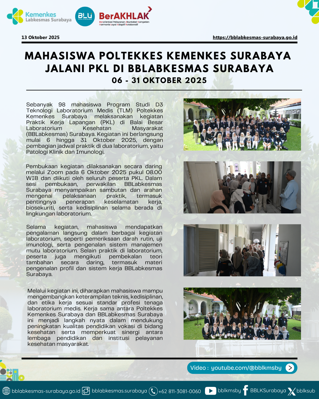 Mahasiswa Poltekkes Kemenkes Surabaya Jalani PKL di BBLabkesmas Surabaya